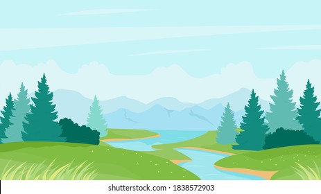 Ilustración vectorial del paisaje de verano del río. Caricatura paisaje natural tranquilo con aguas tranquilas del río, verdes praderas y bosques de pino a orillas de los ríos, paisaje natural de verano fondo