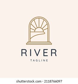 River and sun line logo vector