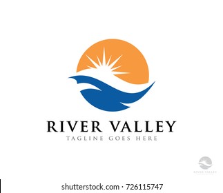river sun logo icon vector template