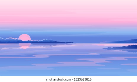 River sunset landscape with clouds and mountains in purple colors, nature landscape illustration, morning fog on lake, sunset on the beach background