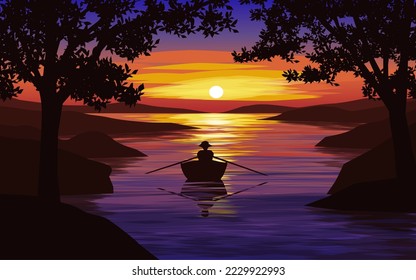 River sunset vector landscape illustration with man on boat