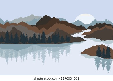 The river is surrounded by mountains and coniferous forests. Vector image of a mountain landscape.