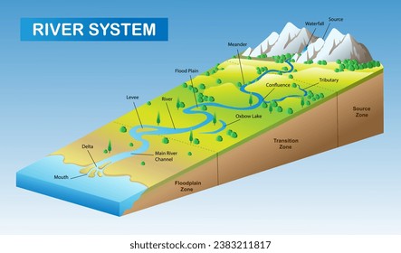 River system diagram. Scientific infographics vector 3d illustration.