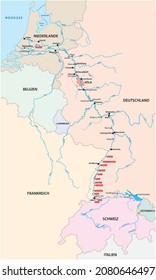 River system map Rhine with the most important cities and tributaries in German language