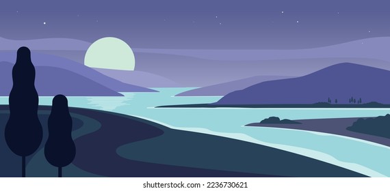 Un río que cruza las montañas bajo la luz de la luna