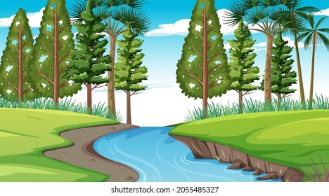 El río a través de la escena del bosque en la ilustración del día