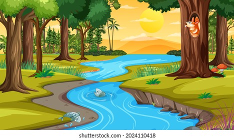 Fluss durch die Waldszene bei Sonnenuntergang