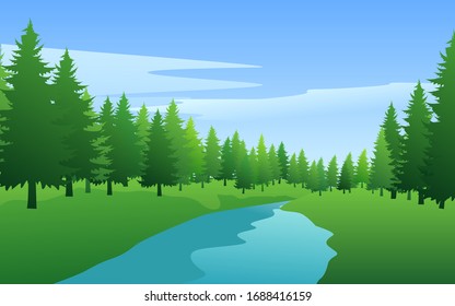 River through green pine forest 