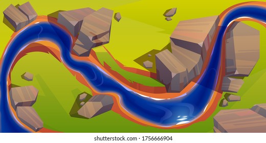 River top view, cartoon curve riverbed with dark blue water, reflection, rocks on coastline and green grass. Summer landscape, beautiful valley, scenic picturesque natural stream, vector illustration