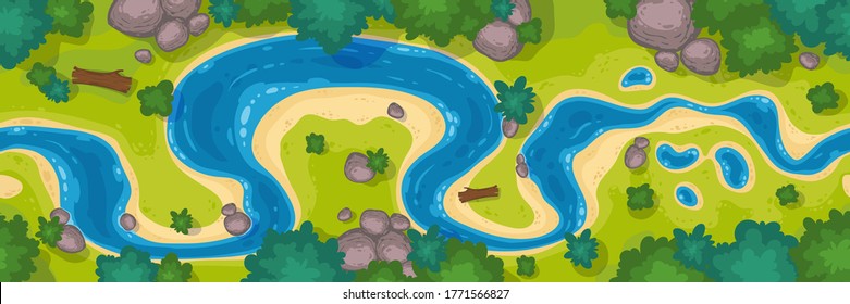 River top view, cartoon curve riverbed with blue water, coastline with rocks, trees and green grass. Summer nature landscape, beautiful valley, scenic picturesque natural stream, vector illustration