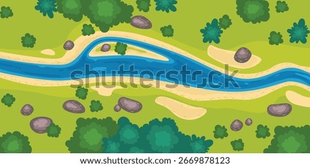 River top view landscape above forest, aerial map