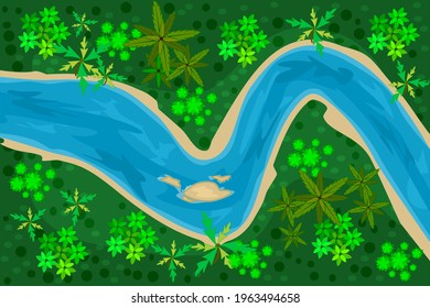 River top view on forest background. Riverbed with blue water, coastline and trees. Summer nature landscape. Scenery with winding river. Wild scene with brook flow with sand shore. Vector illustration