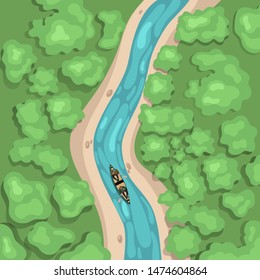 River top view people on a boat floating on the river. Vector graphics