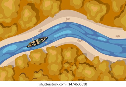 River top view people on a boat floating on the river. Vector graphics