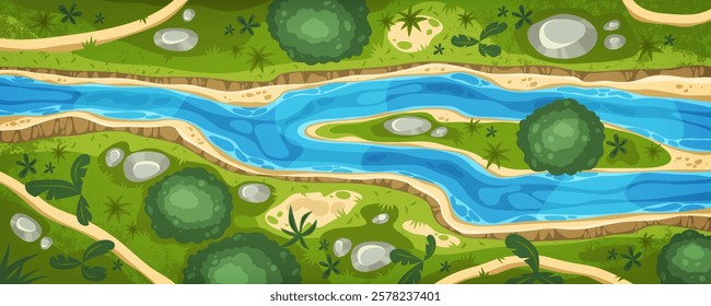 River top view vector illustration. Aerial nature sign with flowing water and surrounding terrain. Tropical nature from air. Jungle or forest outdoor environment. Map and topography. Scenic landscape.