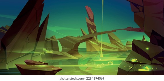 River of toxic green substance flowing between rocks. Vector cartoon illustration of dark landscape with poisoned bubbles on dirty lake water surface, stone bridge. Chemical pollution. Game background