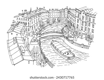 A river tram sails along the Griboyedov Canal. The Lion's Bridge in St. Petersburg. Vector illustration in black ink, isolated on a white background.