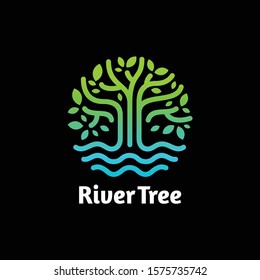 River Tree eco logo line art. design vector nature graphic minimalist logo template 