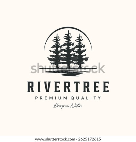 river tree landscape vintage logo vector minimalist illustration design, pine tree evergreen logo design