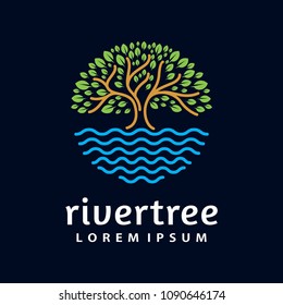 River Tree Logo Circle Shape Design Vector Template