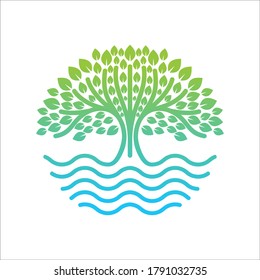 River Tree Logo circle shape design vector template, Abstract design tree and sea icon, Nature wave logo template vector illustration, River Tree eco logo line art. design vector nature graphic.