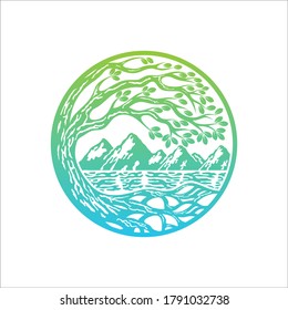 River Tree Logo circle shape design vector template, Abstract design tree and sea icon, Nature wave logo template vector illustration, River Tree eco logo line art. design vector nature graphic.