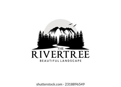 River tree logo design, mountain trees river landscape vector silhouette