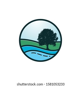 River Tree Logo Design Vector Template. Tree And Water Symbol.	