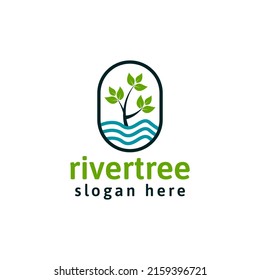 Plantilla del logotipo del árbol del río. Logo del emblema del árbol con fondo blanco.