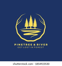 River tree vintage logo vector illustration design, pine tree and river