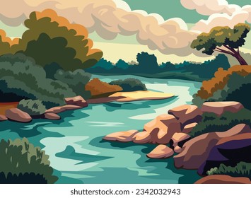 Ilustración de vectores de ríos y árboles