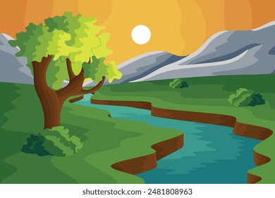 River Trees Nature Landscape Colorful Vector