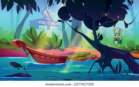 River in tropical forest with boat and ancient temple vector background. Shore near jungle water in amazon rainforest cartoon landscape. Wild environment with liana on green tree, mayan stone statue.