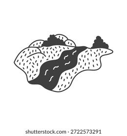 River Valley Landscape Drawing. Hand drawn ink terrain vector illustration with flowing water, abstract countryside scenery for aesthetic decoration usage