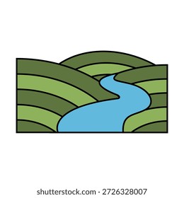 Icono del paisaje del valle del río que representa paisajes de agua que fluyen, entornos naturales, destinos de viajes al aire libre y vistas tranquilas del campo.