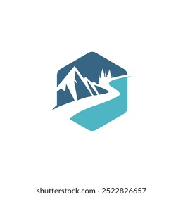 river valley logo pine tree silhouette with mountain illustration