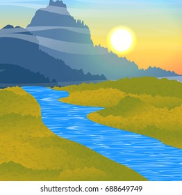 River valley and mountains. Sky, sun, clouds. Rise or fall in the autumn or summer. Vector landscape can be used in newsletter, brochures, postcards, banner