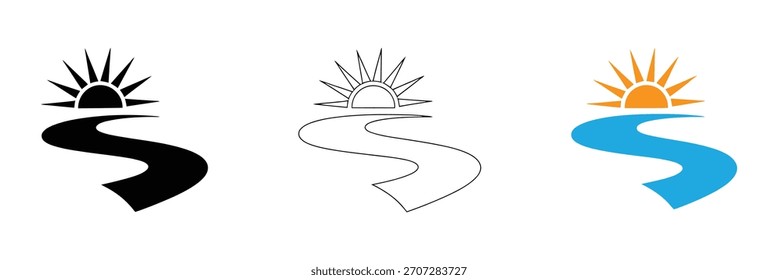 Illustrationsdesign für Flussvektorsymbole. Village Hügel Logo Berg Sonnenaufgang Kiefer Fluss Tal Design Natur.