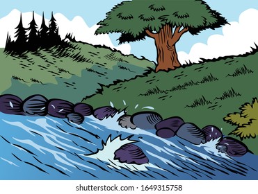 river view in the country side for background illustration and image