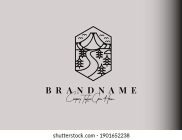 Design-Inspiration für das Logo auf dem Fluss anzeigen Vektorgrafik von Fluss, Berg, Hügel und Bäumen. Modernes Vektordesign-Vektorvorlage mit Linienstil