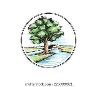 River view nature art in the water color vector design