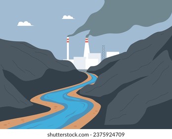River water and air pollution from Industry. Dirty toxic smoke emissions from plant chimneys