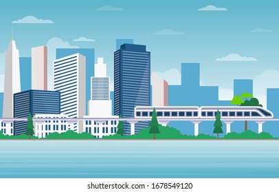 River Water City Modern Building Rail Train Skyline Landmark Illustration