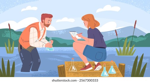 River water examination. Scientists ecologists collect water samples, hydrologist check quality toxic analysis control research polluted pond dirty ocean classy vector illustration original artwork