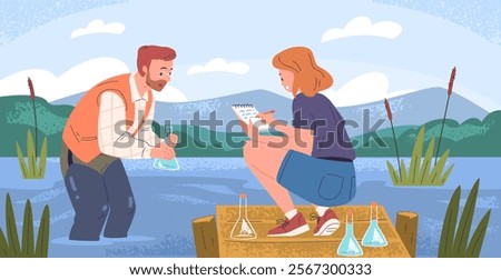 River water examination. Scientists ecologists collect water samples, hydrologist check quality toxic analysis control research polluted pond dirty ocean classy vector illustration original artwork