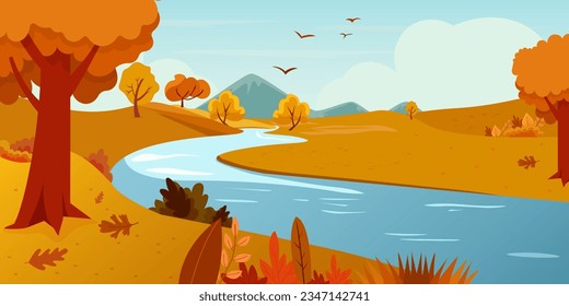 Ilustración del caudal de agua de los ríos y del paisaje del otoño montañoso. Caer hojas de la escena del árbol y hermoso arroyo cerca de pradera o pizarra. Ilustración del vector