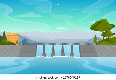 River Water Flowing Dam City Modern Building Landmark Illustration