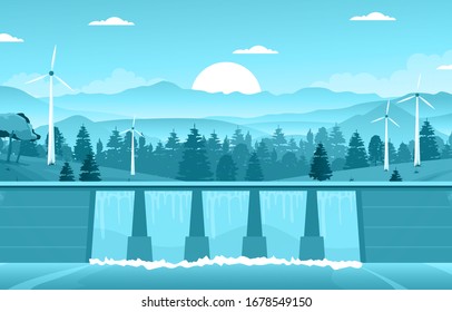 River Water Flowing Dam City Modern Building Landmark Illustration