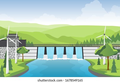 River Water Flowing Dam City Modern Building Landmark Illustration