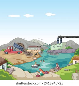 River Water Pollution Vector Illustration